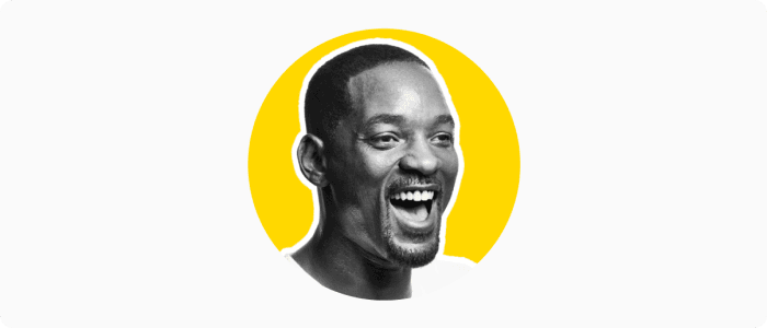 Imagem com fundo branco, com círculo amarelo e Will Smith no centro em preto e branco